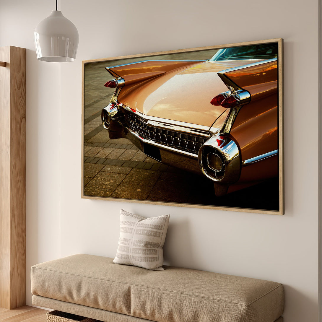 Framed Wall Art of a classic car's tail fin in warm, vintage tones. Perfect for adding retro style to any space. Canvas Print available.