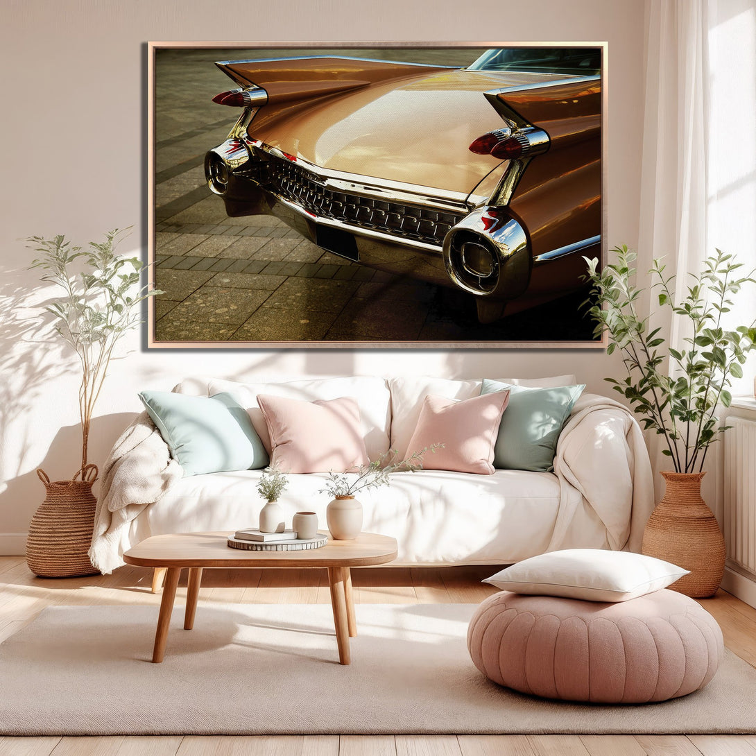 Framed Wall Art of a classic car's rear, warm gold and chrome tones. Adds vintage flair to any room. Perfect for living room decor.