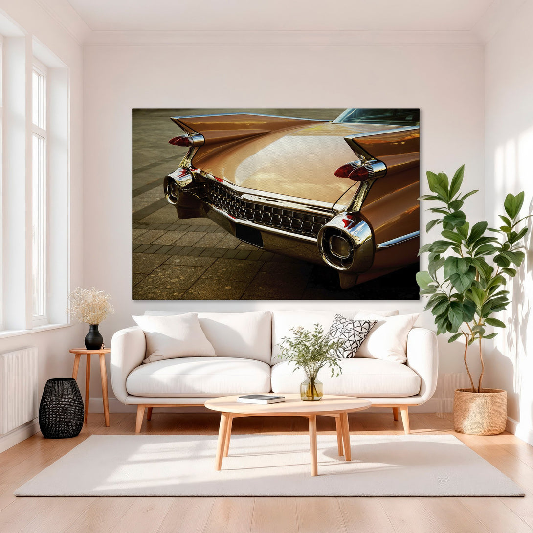 Framed Wall Art: Classic car tail lights canvas print in warm gold and brown tones, perfect for adding vintage style to your living room.