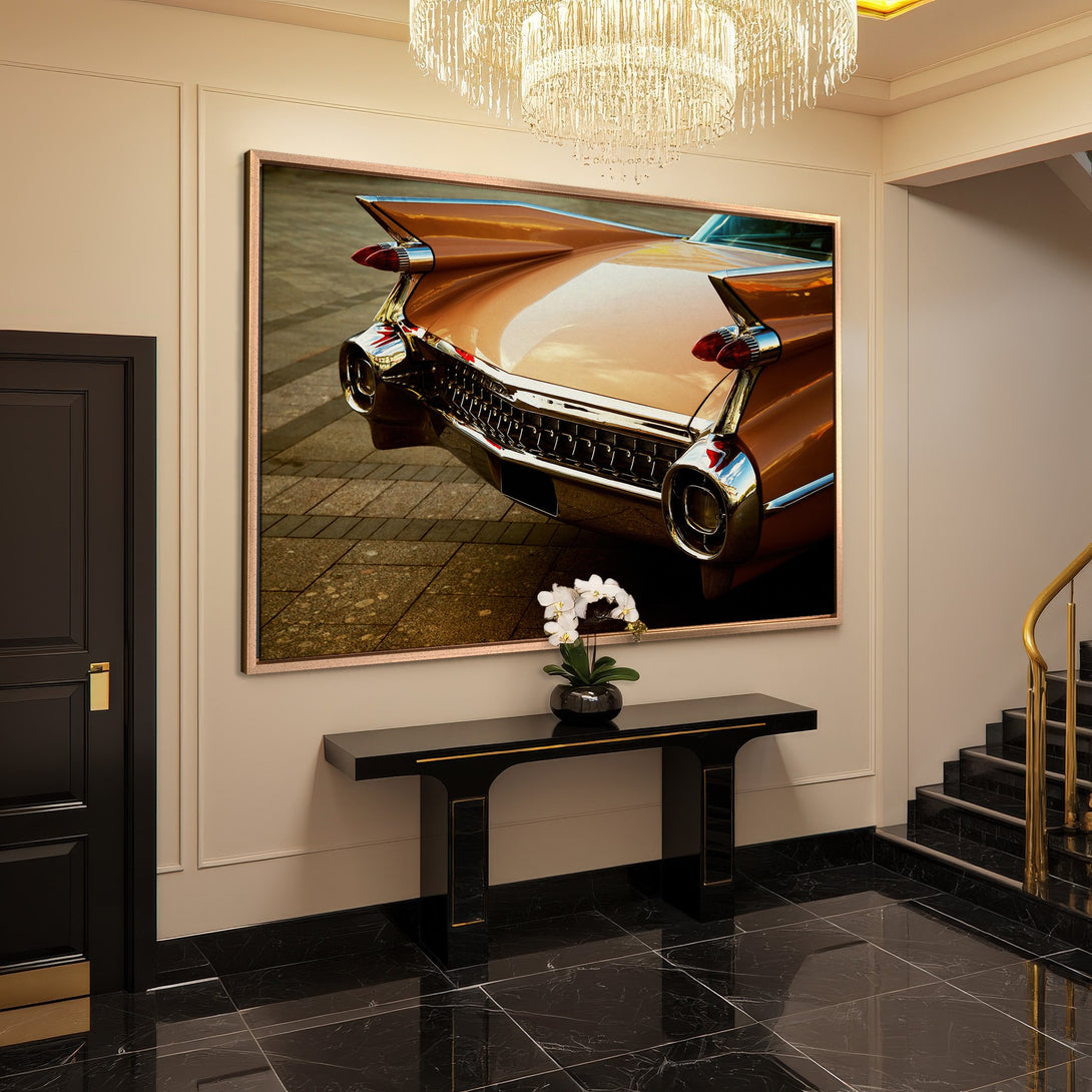 Framed Wall Art: Classic car tail detail in warm tones. Add vintage charm to your space with this stunning canvas print.