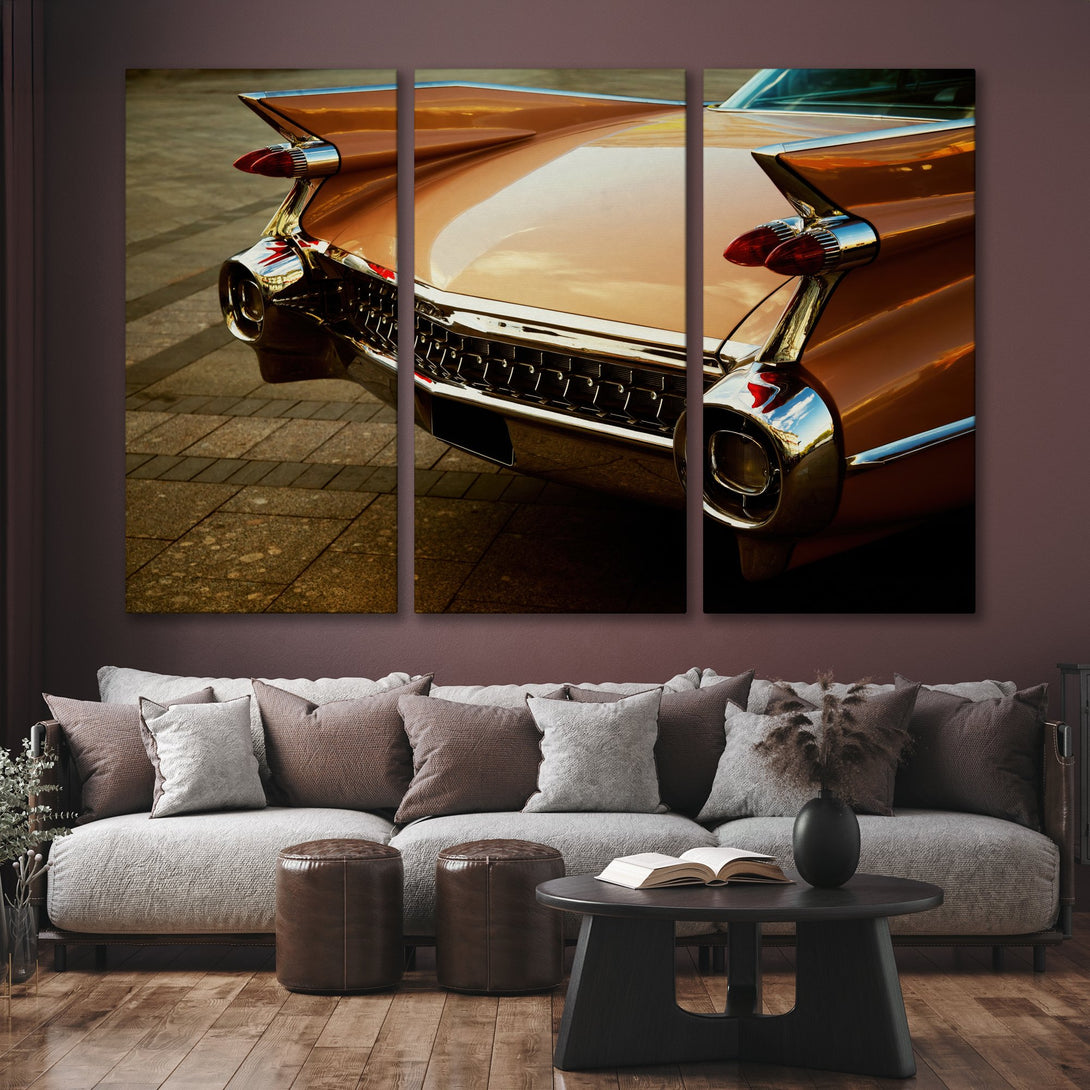 Canvas Print of a classic car's tail fins in warm tones. Stylish wall art with a vintage aesthetic, perfect for adding a touch of nostalgia to any space.
