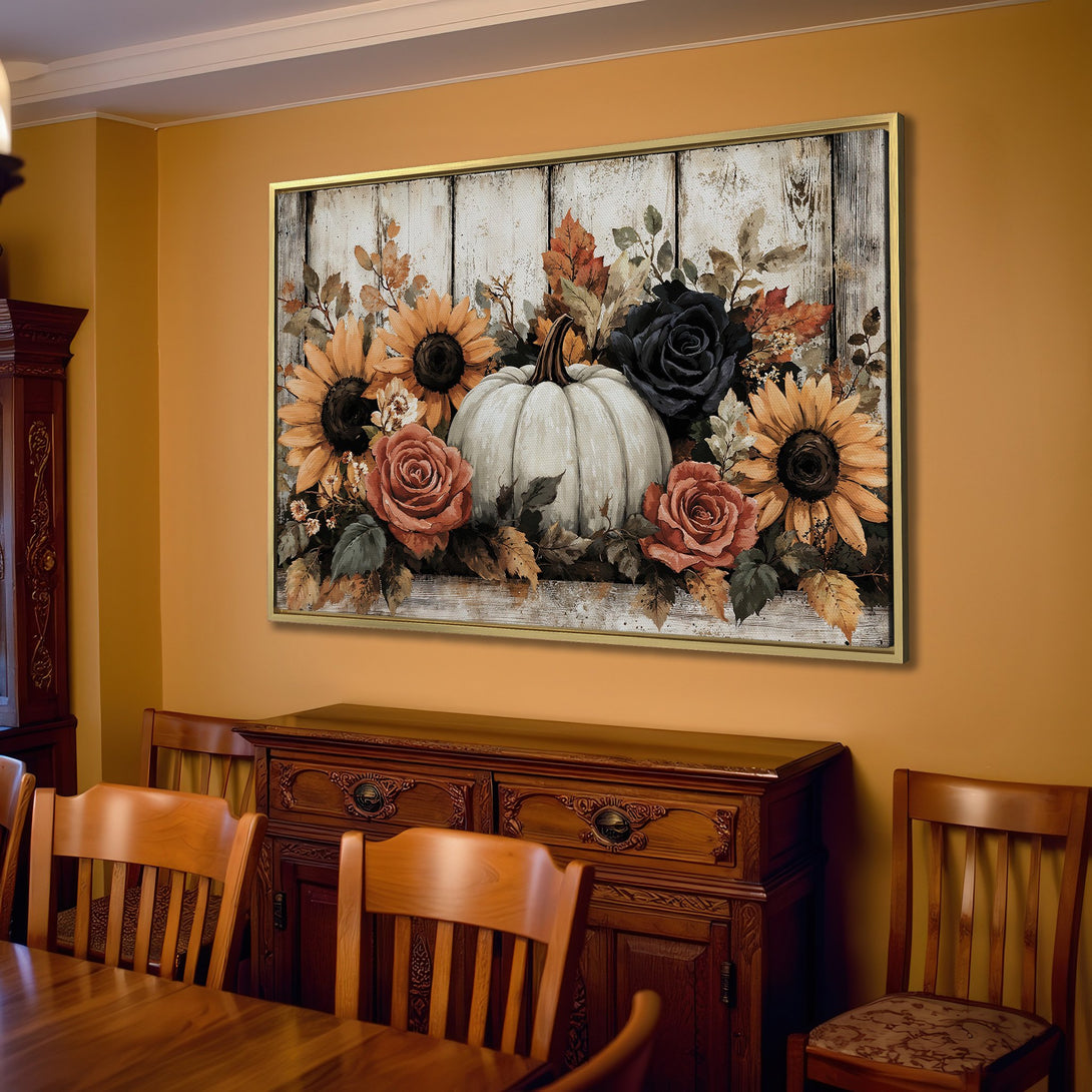 Canvas Print of a fall floral arrangement with sunflowers, roses, and a pumpkin. Warm, rustic color palette in a cozy living room setting.