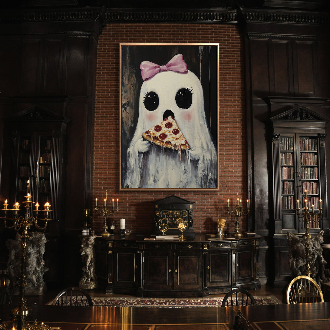 Framed Wall Art: Cute ghost eating pizza, whimsical art in a dark interior. Features a pink bow, white, black, and red color palette. Perfect for unique home decor.