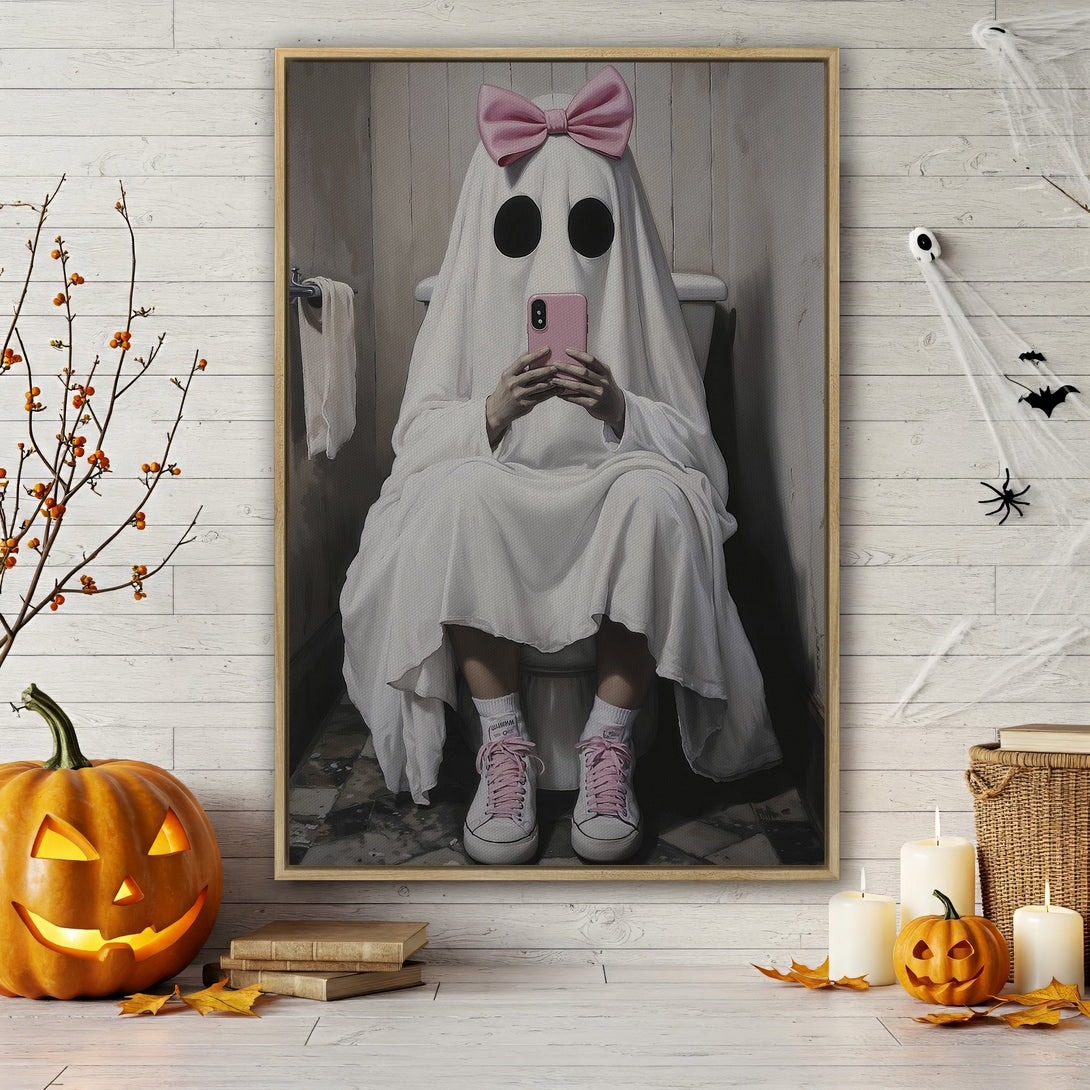 Framed Wall Art: Funny ghost in a bathroom selfie, playful Halloween decor. Features a white, pink, and orange color palette. Perfect for spooky season!