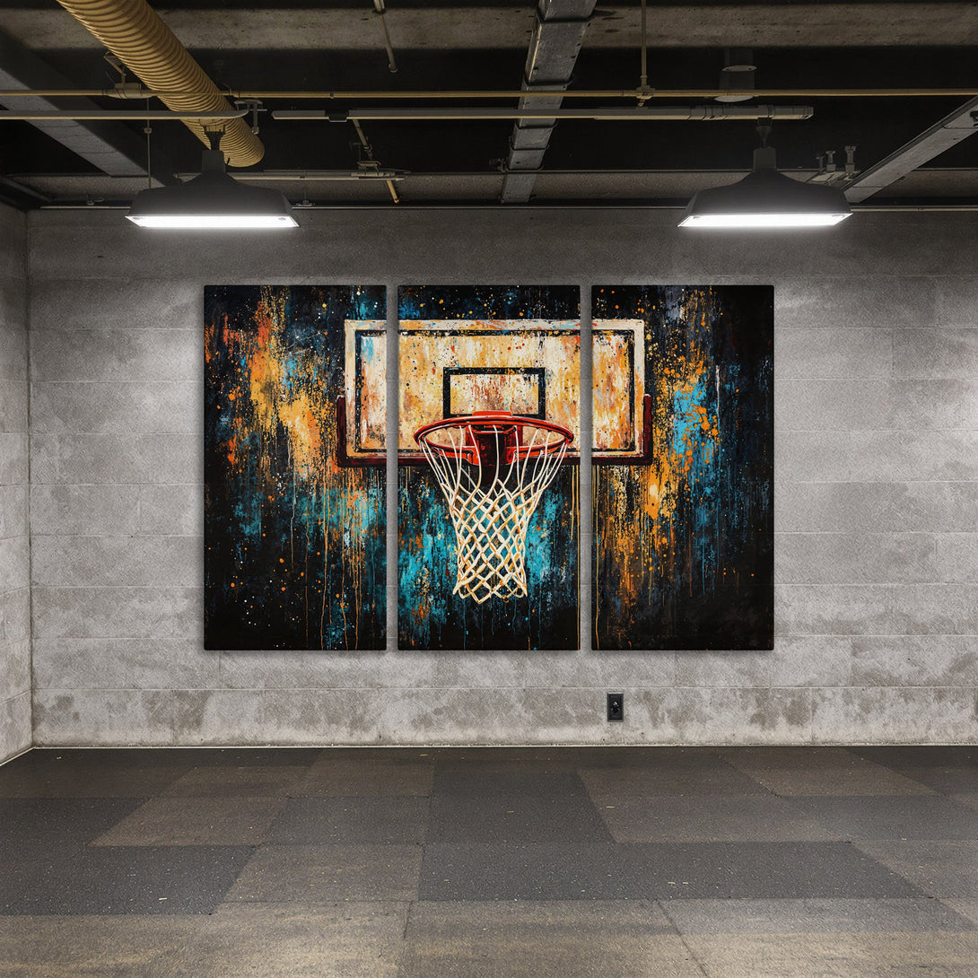 Abstract Canvas Print of a basketball hoop. Modern art style with a dark, blue, orange, and white color palette. Perfect wall art for any space!