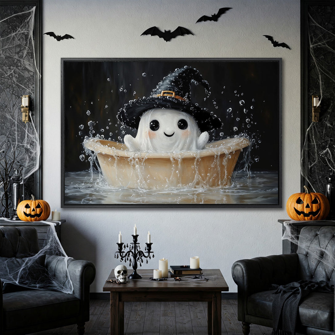 Framed Wall Art: Cute ghost in a witch hat taking a bath. Halloween decor with a black, white, and orange color palette. Perfect for spooky season!