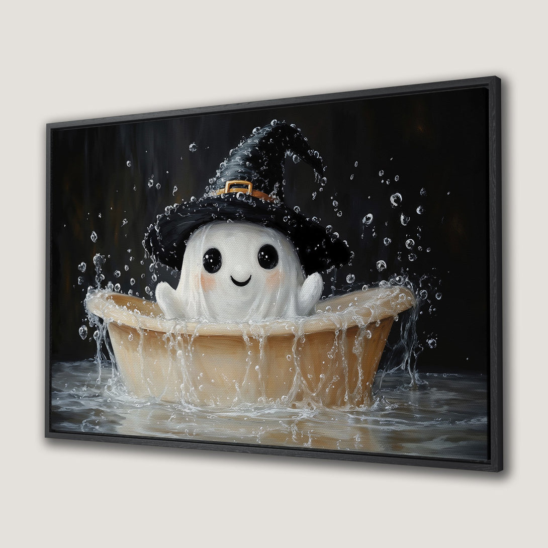 Framed Wall Art: Adorable ghost in a witch hat, enjoying a bath. Whimsical illustration with a dark, moody background and soft, neutral color palette. Halloween decor.