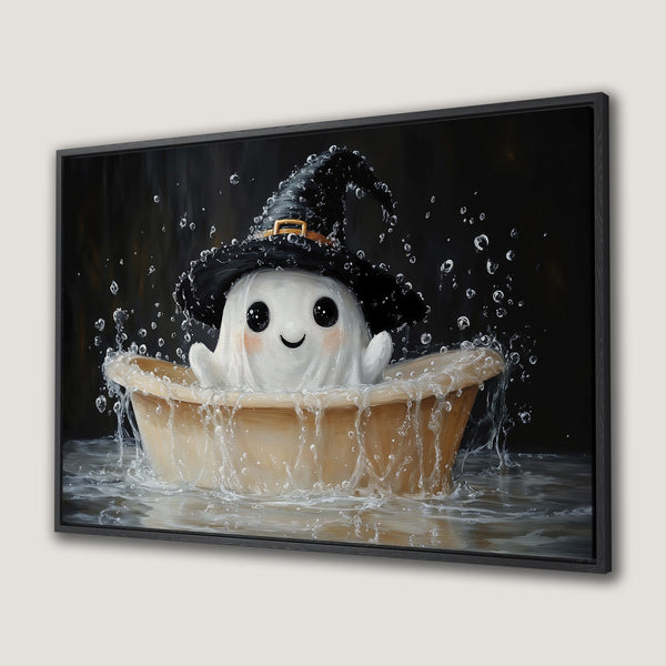 Framed Wall Art: Adorable ghost in a witch hat, enjoying a bath. Whimsical illustration with a dark, moody background and soft, neutral color palette. Halloween decor.