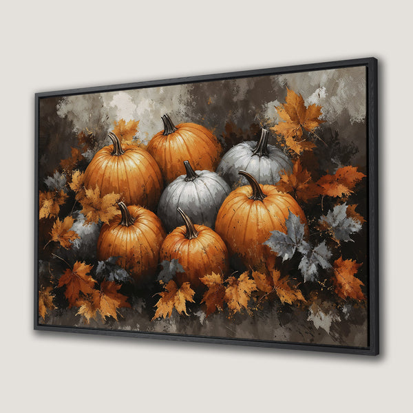 Framed Wall Art: Autumn pumpkins and leaves in warm orange and gray tones, perfect fall decor. Rustic, painterly style.