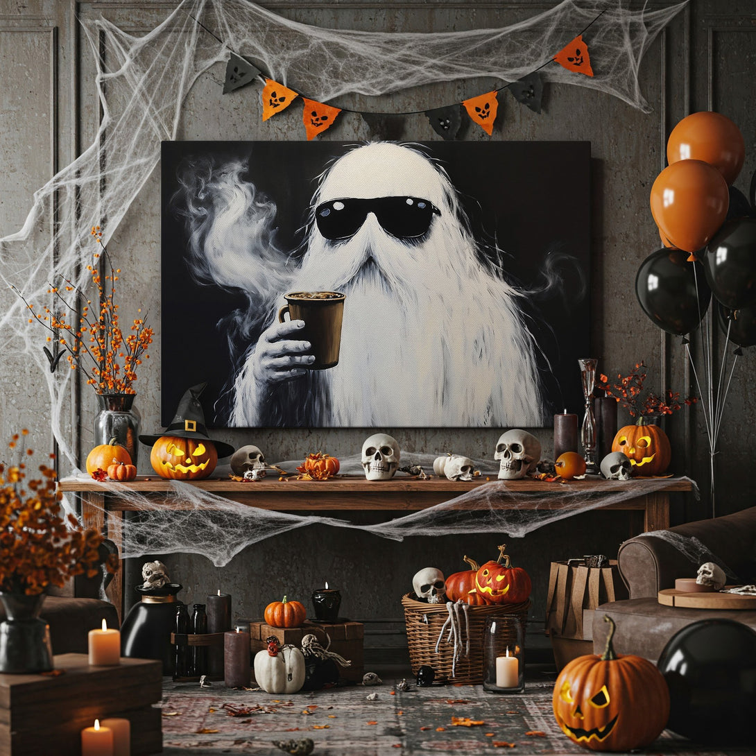 Framed Wall Art: Cool ghost in sunglasses enjoying coffee. Black, white, and gold Halloween art for your home. Spooky & stylish decor.