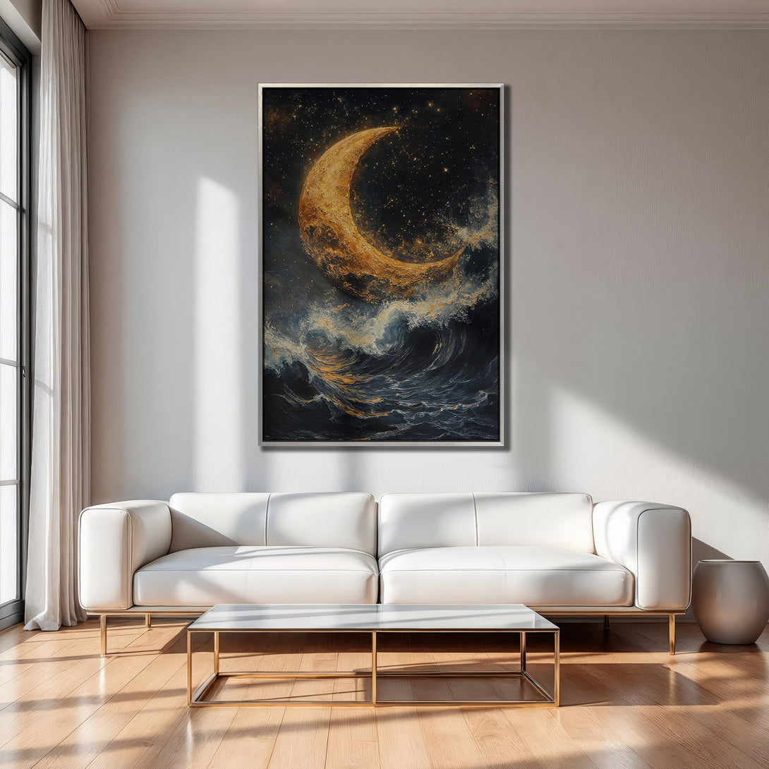 Framed Wall Art: Celestial moon over ocean waves. Dramatic, abstract style with gold, black & blue color palette. Perfect for modern home decor.