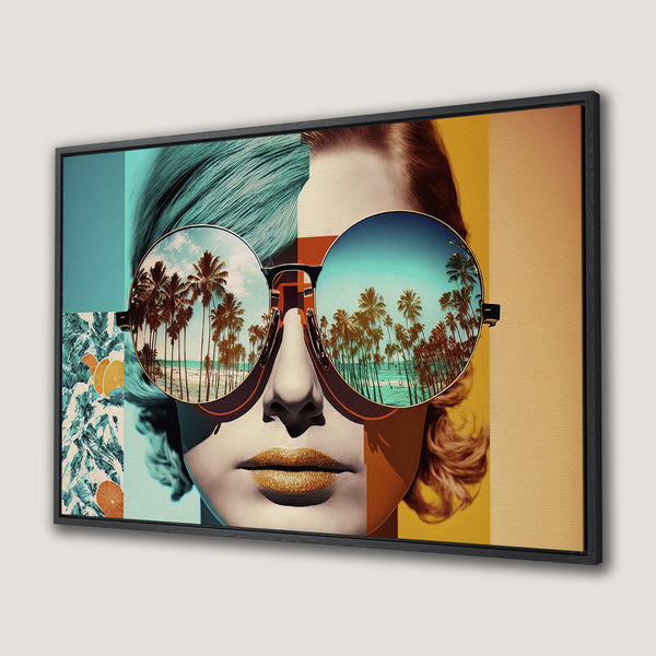 Framed Wall Art: Pop art portrait with sunglasses reflecting a beach scene. Vibrant teal, orange, and gold color palette. Modern canvas print for your home.