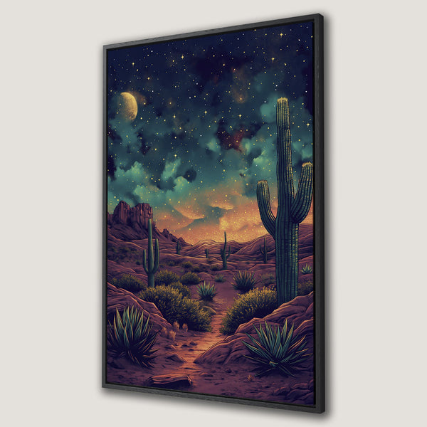 Framed Wall Art: Desert landscape Canvas Print with cacti, starry night sky, and warm color palette. Add Southwestern charm to your home!