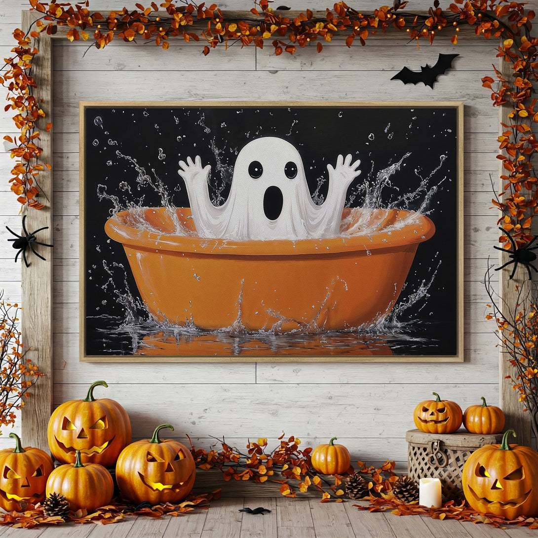 Framed Wall Art: Spooky ghost in a bathtub, Halloween decor with orange, black, and white color palette. Perfect for seasonal home accents.