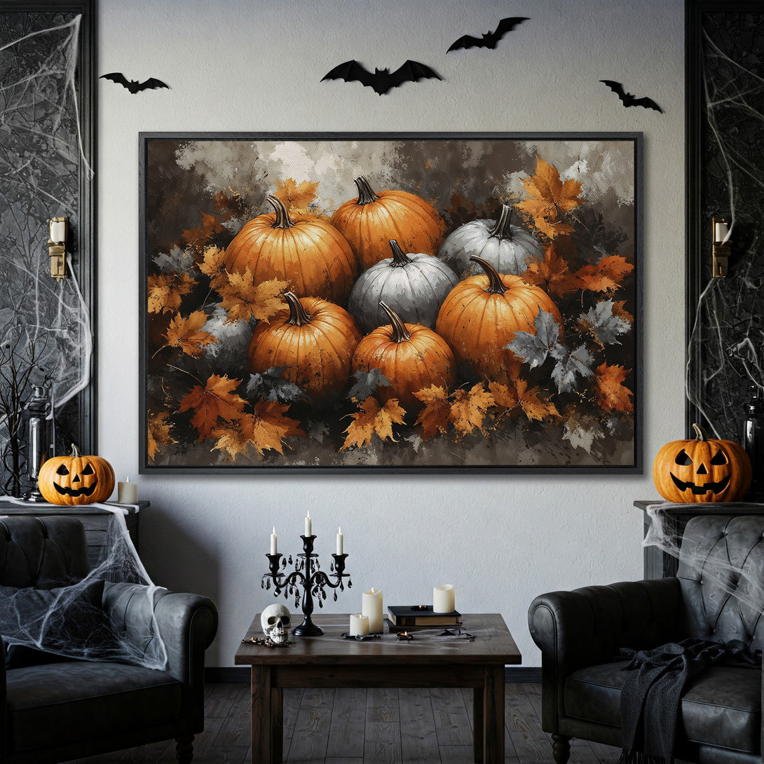 Framed Wall Art: Halloween pumpkins in a warm, autumnal color palette. Perfect for fall decor and spooky season. Add a touch of art to your home!