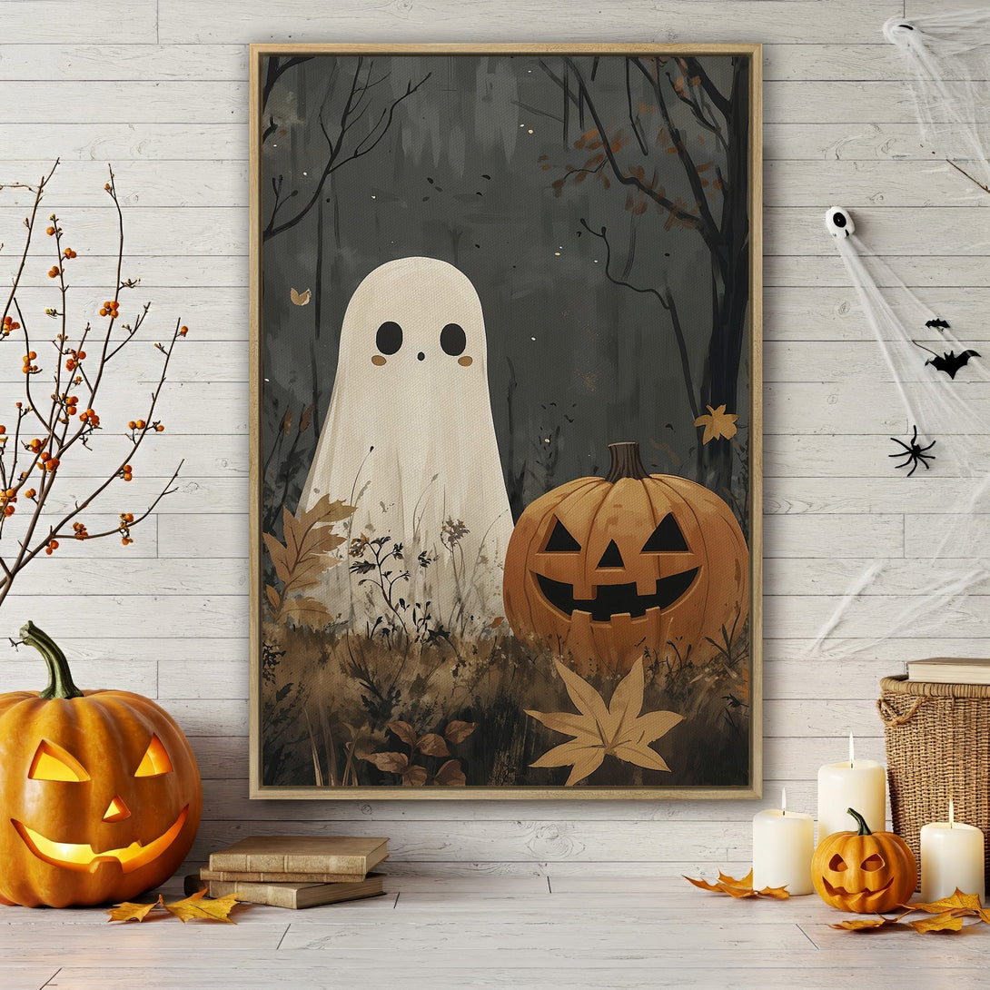 Framed Wall Art: Spooky Halloween scene with a ghost and jack-o'-lantern in a muted color palette. Perfect for fall decor! Add a touch of whimsy to your space.