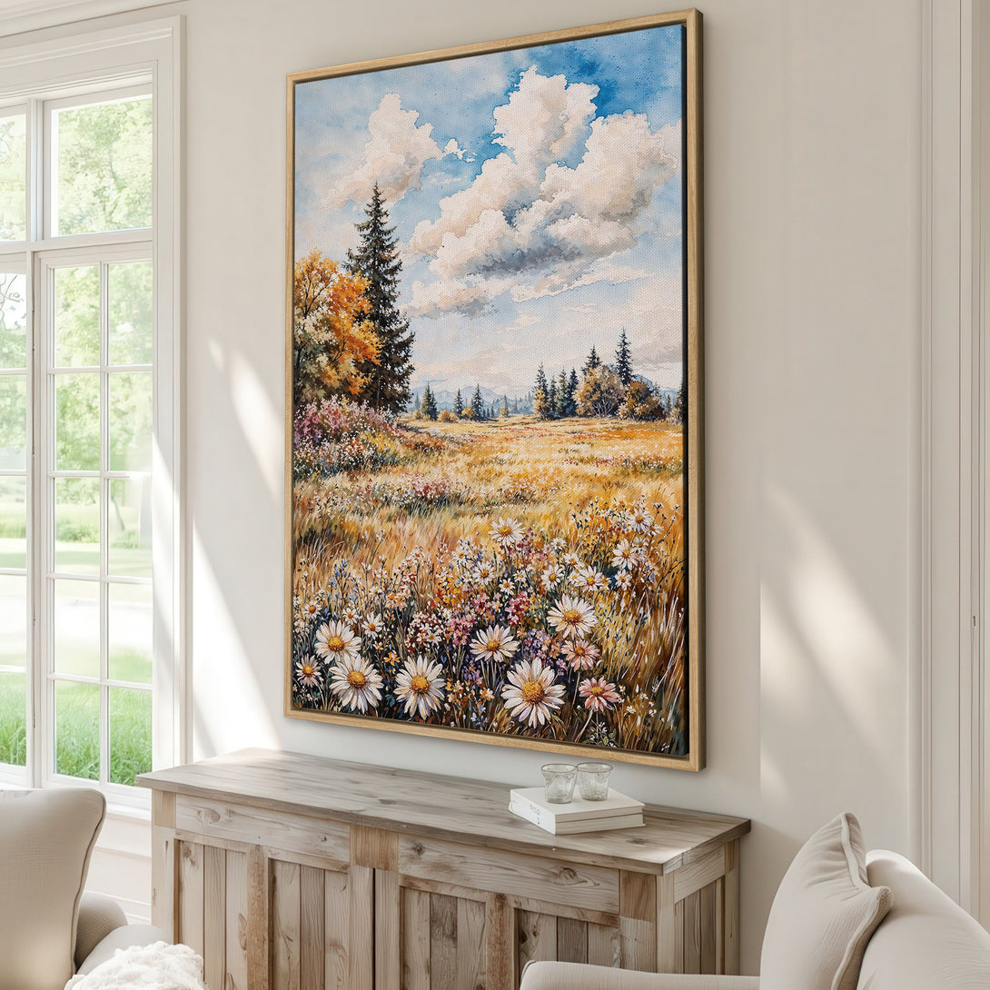 Framed Wall Art featuring a watercolor landscape with a meadow of daisies. Warm, earthy tones and blue sky create a calming, nature-inspired aesthetic.