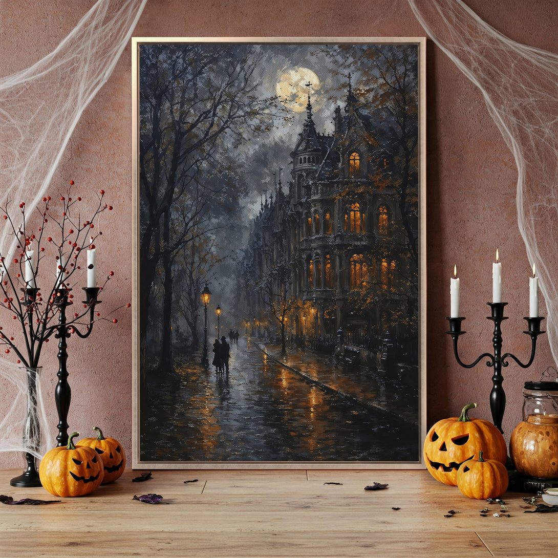 Framed Wall Art: Spooky Halloween street scene canvas print with dark, moody colors. Perfect for adding a touch of gothic elegance to your home decor.