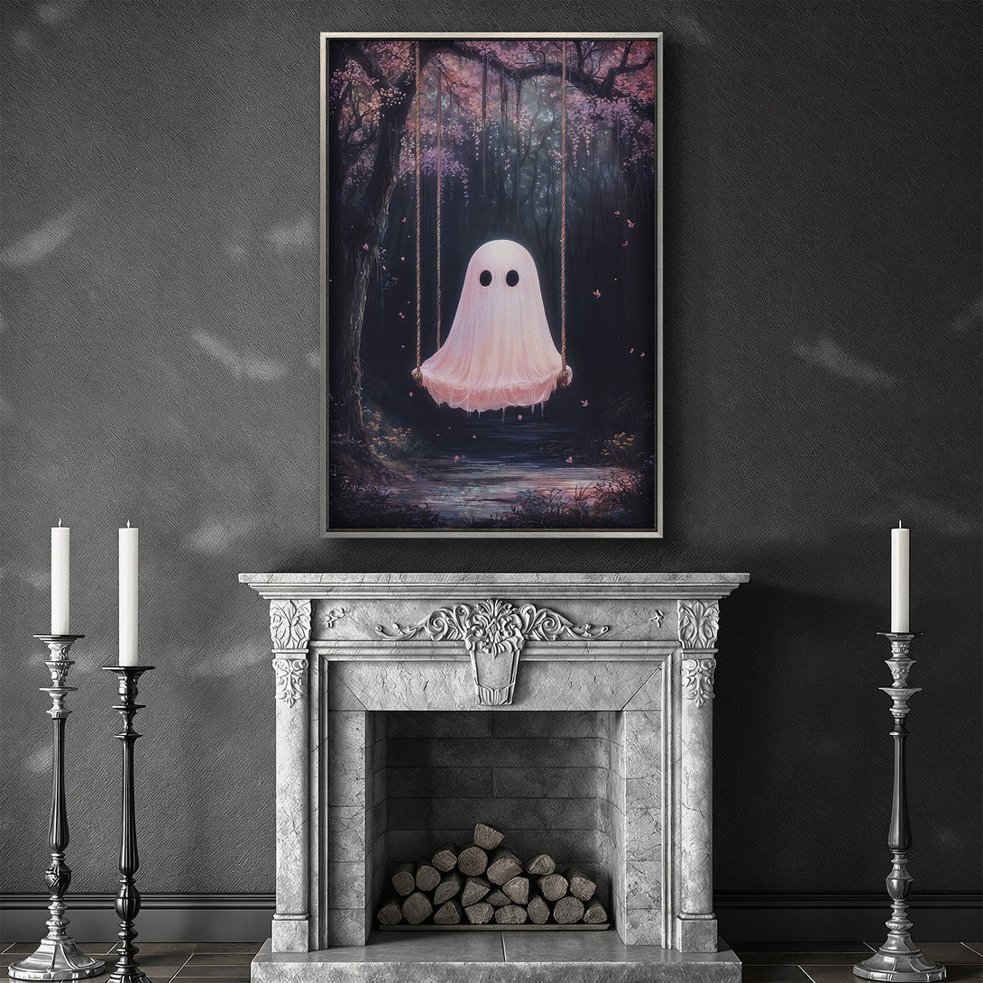Framed Wall Art of a whimsical ghost on a swing in a forest, soft pastel colors. Perfect for adding a touch of fantasy to your home decor.