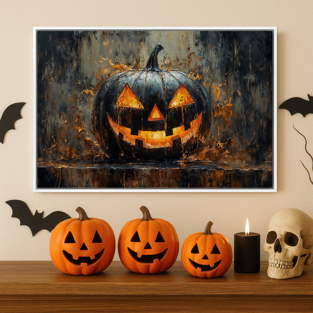 Framed Wall Art: Spooky Halloween pumpkin canvas print in dark, moody tones. Perfect for adding a touch of eerie elegance to your seasonal decor.