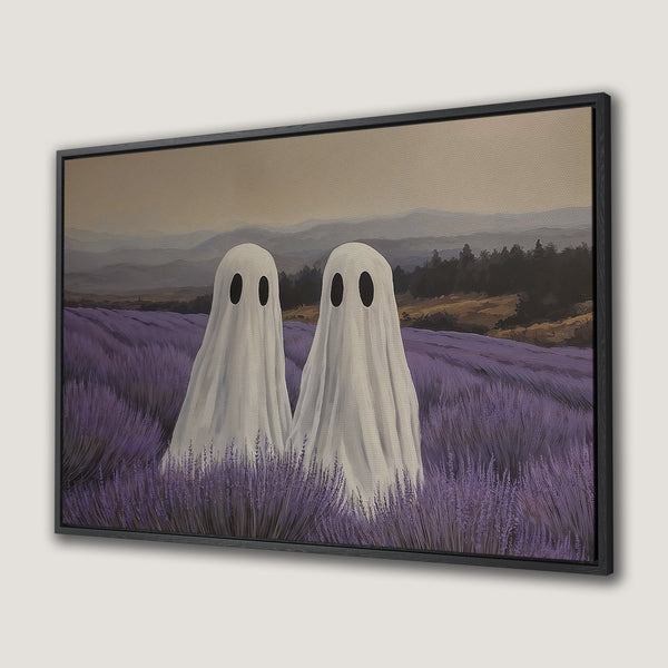 Framed Wall Art featuring two whimsical ghosts in a lavender field. Soft, painterly style with a muted purple and neutral color palette. Perfect for Halloween decor.