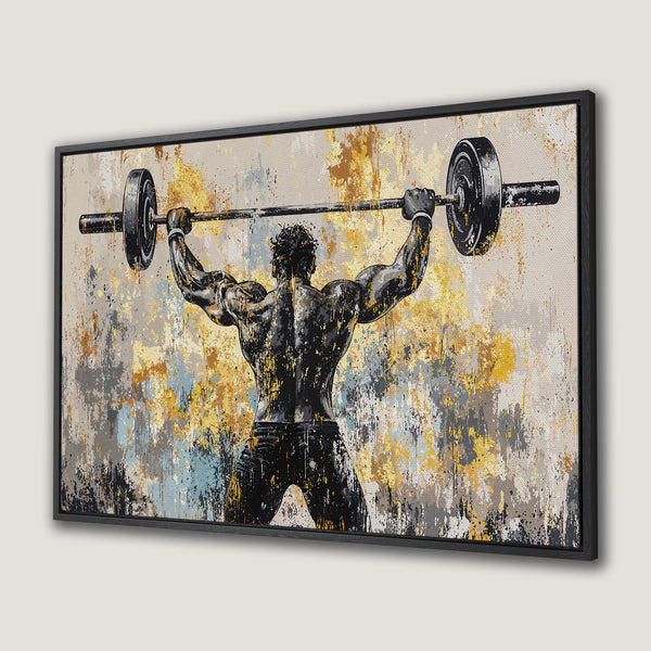 Framed Wall Art featuring a weightlifter in a dynamic pose. Abstract style with a bold color palette of black, gold, and grey. Perfect for gym decor!