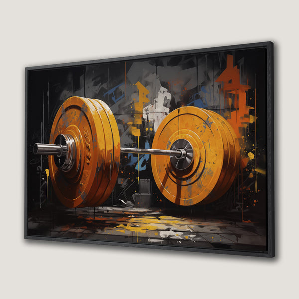 Framed Wall Art: Bold barbell art in an urban graffiti style. Features a striking orange and black color palette, perfect for a gym or modern space.