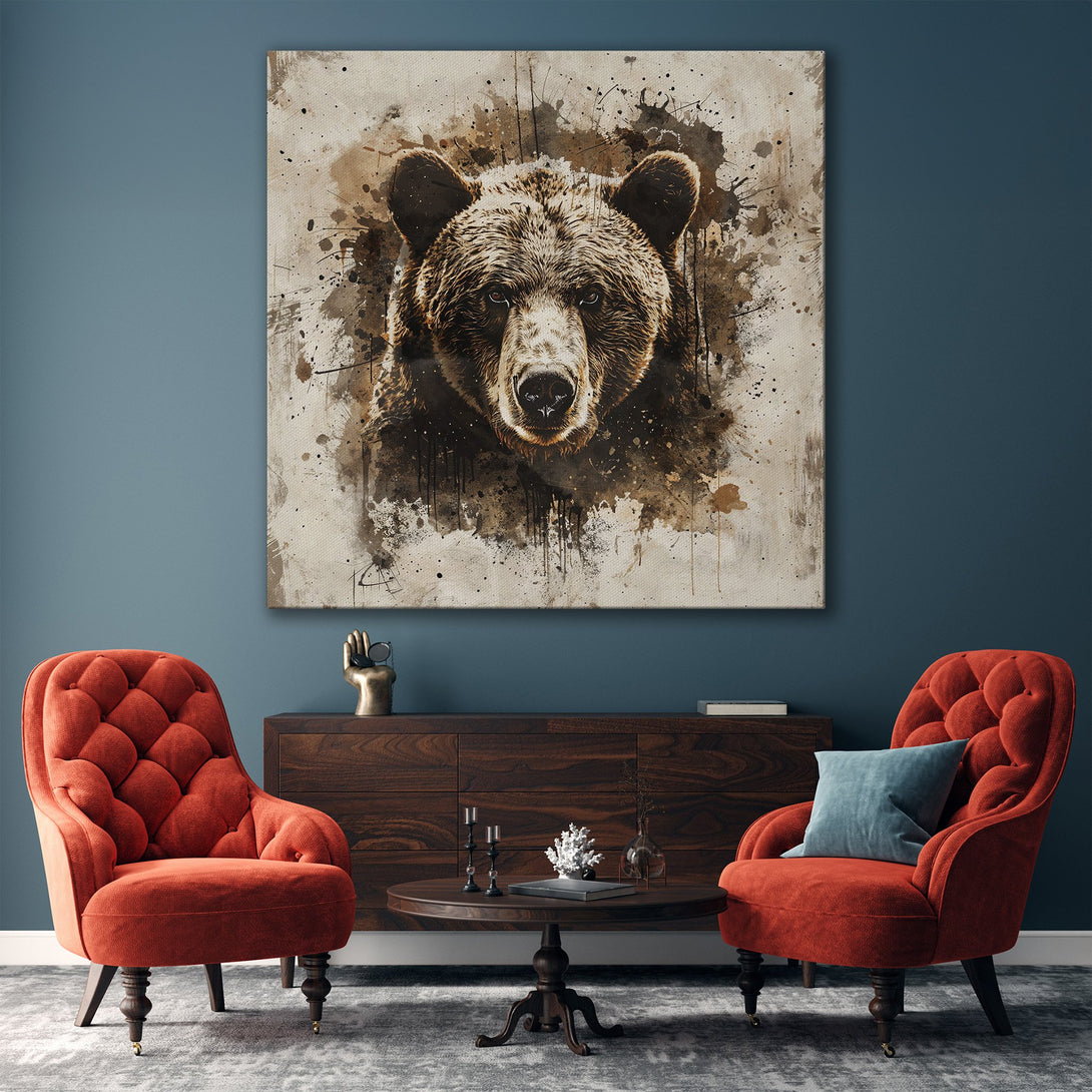 Framed Wall Art: Grizzly bear portrait in a watercolor style with a brown and neutral color palette. Perfect for adding a touch of nature to your living room.