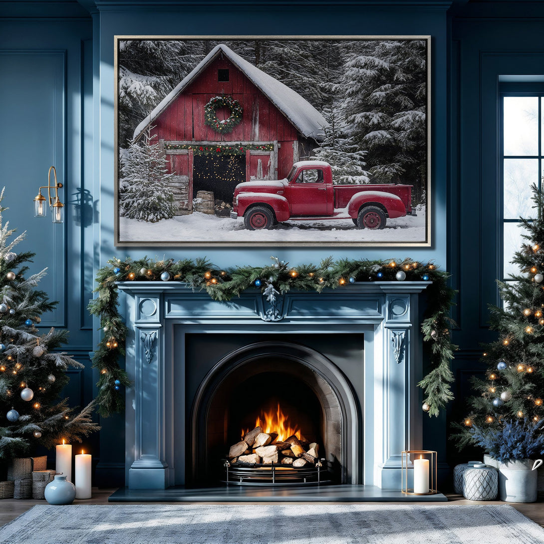 Framed Wall Art featuring a red truck and barn in a snowy winter scene. Rustic style with a warm red and cool blue color palette, perfect for cozy decor.