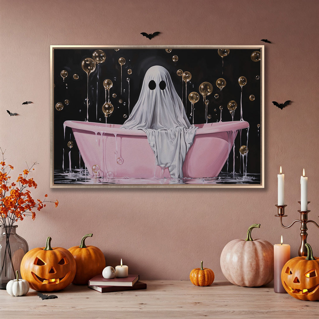 Framed Wall Art: Whimsical ghost in a pink bathtub, Halloween decor. Stylish canvas print with a black, pink, and gold color palette. Spooky & chic!