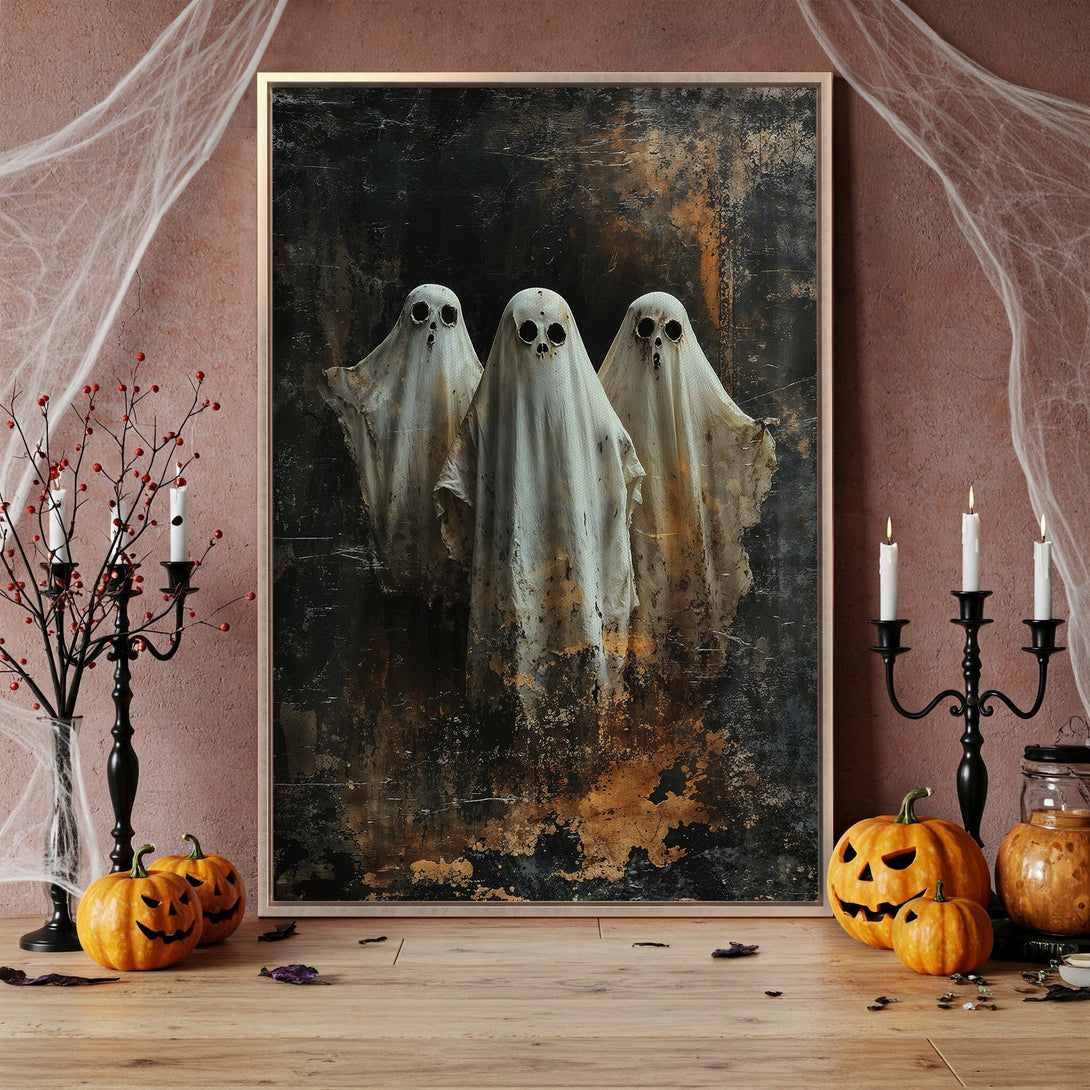 Framed Wall Art: Spooky Halloween ghosts in a dark, grunge style. Earthy color palette with black, orange, and white. Perfect for seasonal decor!