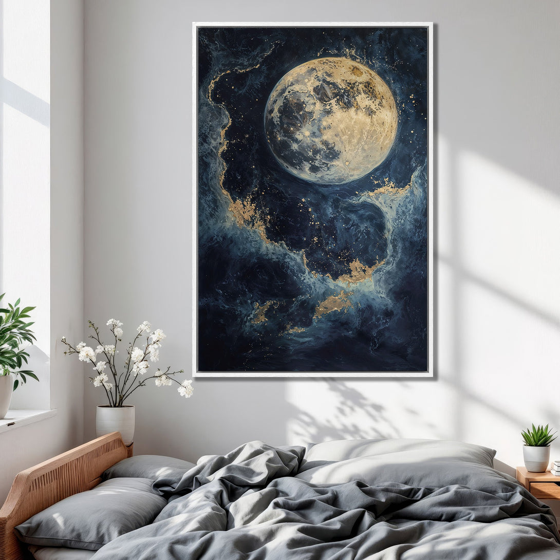 Framed Wall Art featuring a celestial moon in a dark blue and gold abstract style, perfect for bedroom decor.