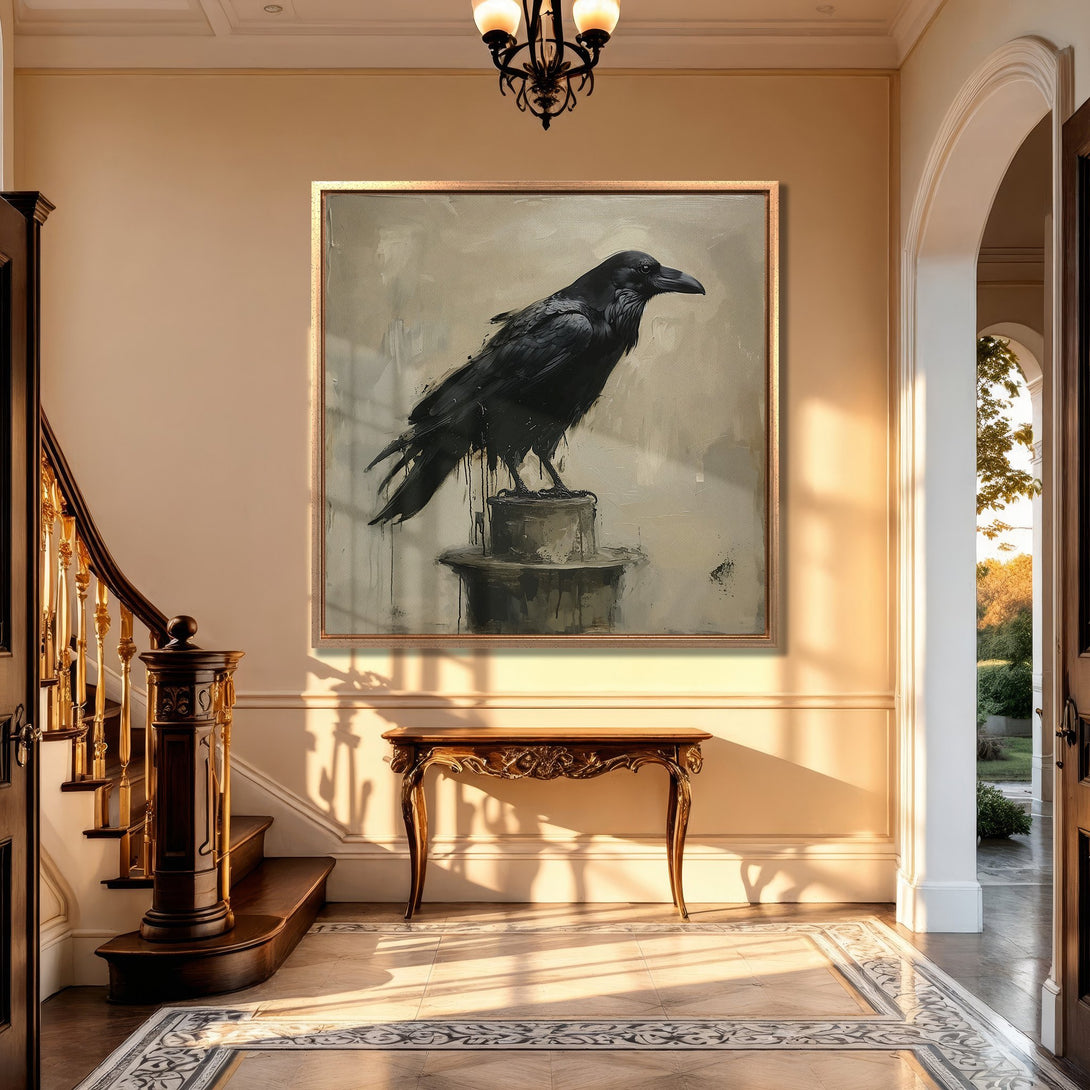 Framed Wall Art featuring a majestic black raven in a modern style, displayed in a luxury interior. Neutral color palette with warm tones.