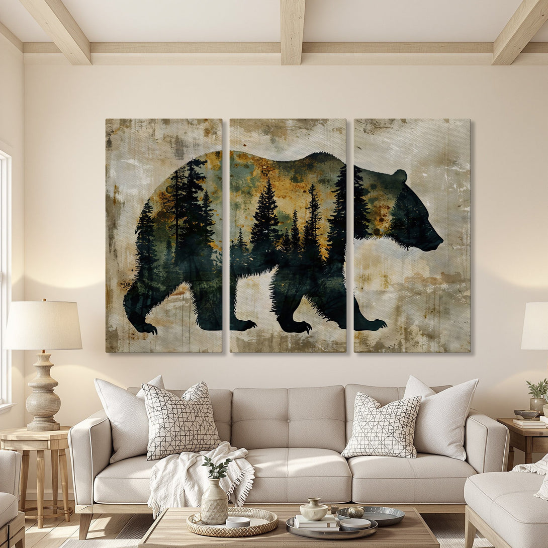 Canvas Print of a bear silhouette with forest detail, rustic style, and a neutral color palette. Perfect for adding a touch of nature to your home.