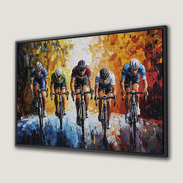 Framed Wall Art: Dynamic cycling scene in vibrant abstract style. Bold colors of yellow, orange, blue, and red. Perfect for modern decor.