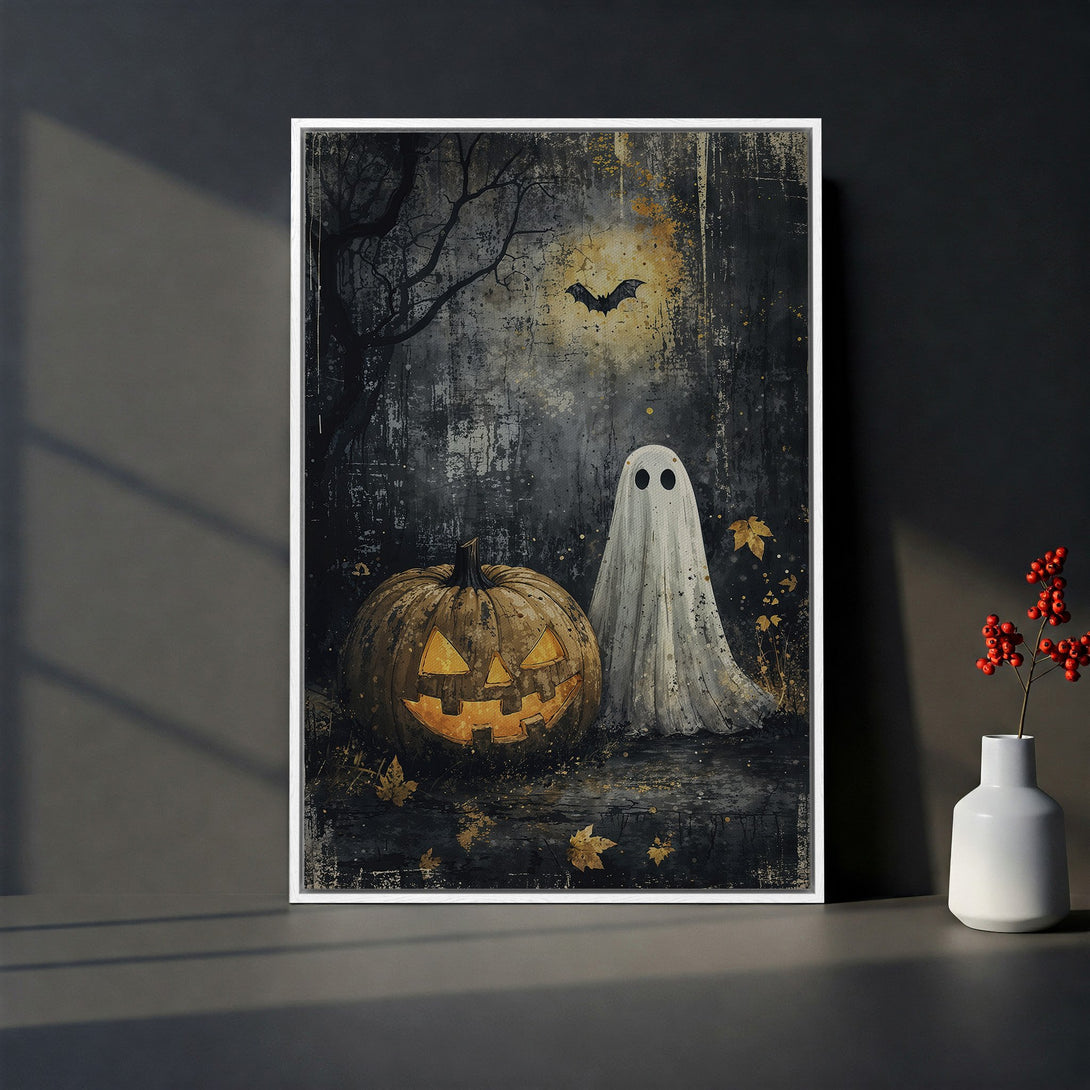 Framed Wall Art featuring a spooky Halloween scene with a jack-o'-lantern, ghost, and bat. Dark, moody color palette with gold accents. Perfect for seasonal decor.