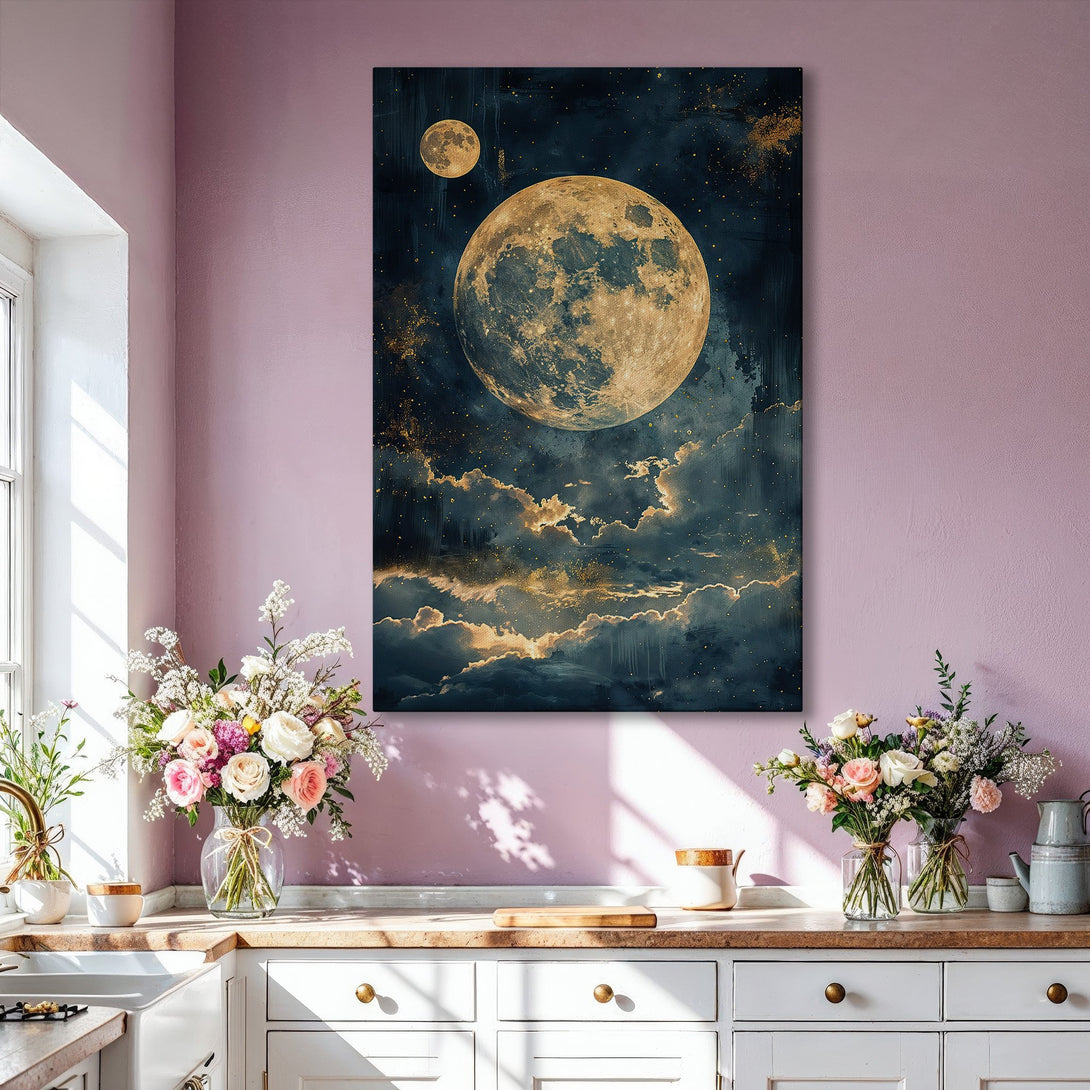 Framed Wall Art: Stunning moon and cloud art print in a gold frame. Dark blue and gold color palette. Perfect for modern home decor.