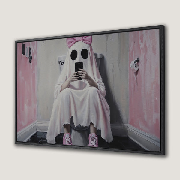 Framed Wall Art: Whimsical ghost using phone in bathroom, pastel pink & gray palette. Modern art print for a unique home decor statement.