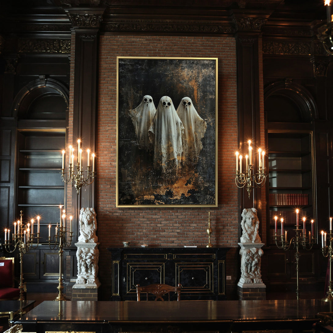 Spooky Halloween Canvas Print featuring ghostly figures in a dark, moody color palette. Perfect for adding a touch of gothic style to your home decor.