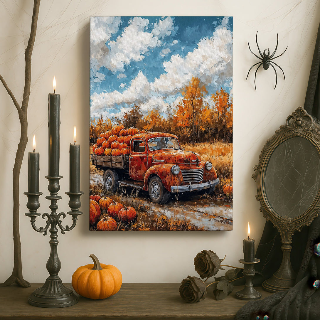 Framed Wall Art: Rustic truck carrying pumpkins, fall landscape painting. Warm orange, blue, and brown color palette. Perfect autumn decor.
