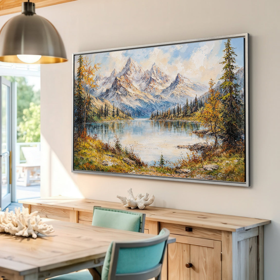 Framed Wall Art: Stunning mountain lake landscape painting in warm earth tones. Bring the beauty of nature into your home with this canvas print.