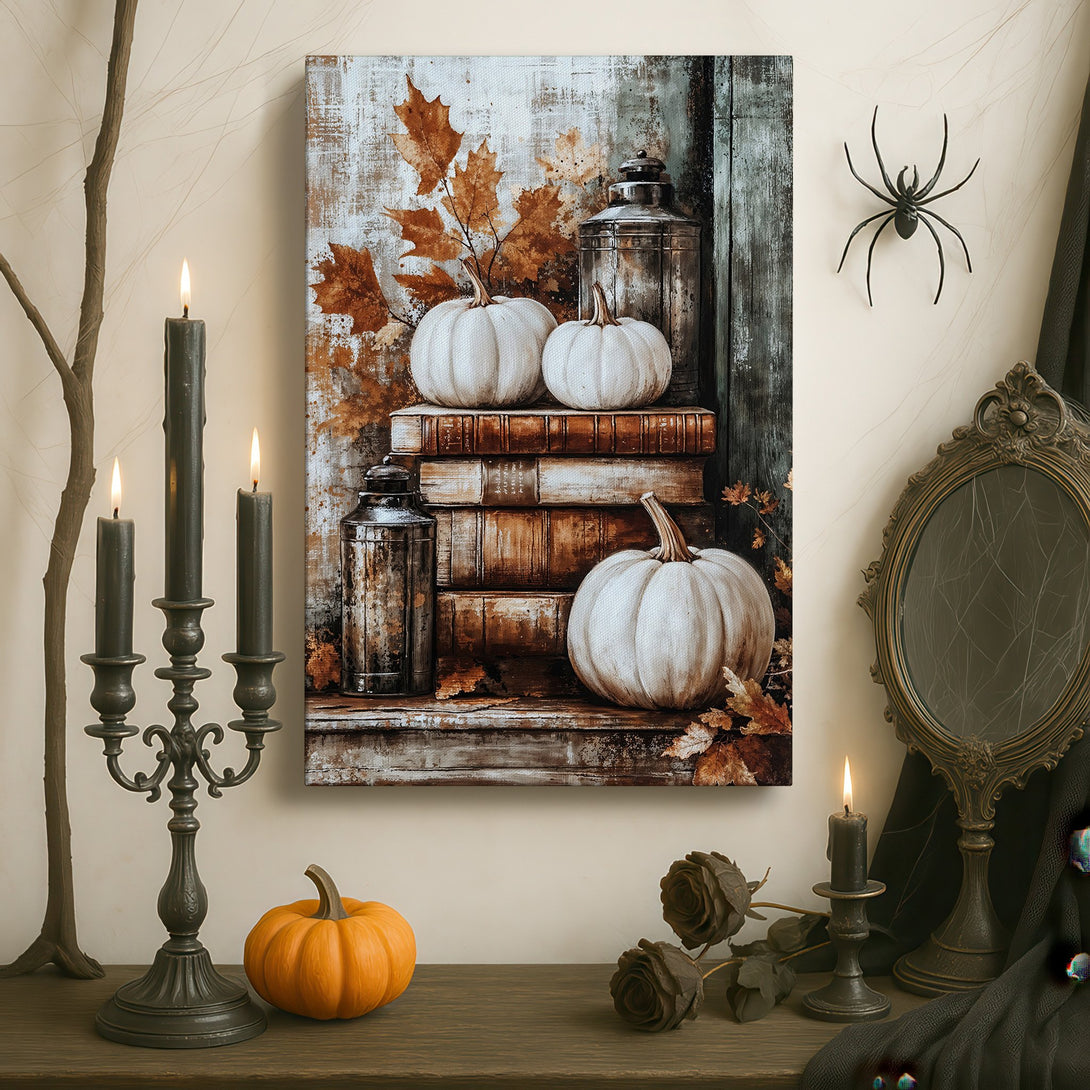 Framed Wall Art: Rustic pumpkin still life in warm brown and white tones, perfect for fall decor. Enhance your home with this cozy canvas print.