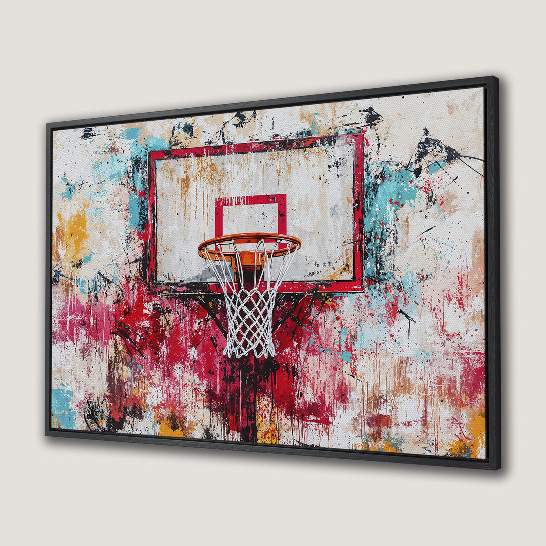 Framed Wall Art: Abstract basketball hoop art in a vibrant, colorful palette of red, blue, and yellow. Perfect for modern decor!