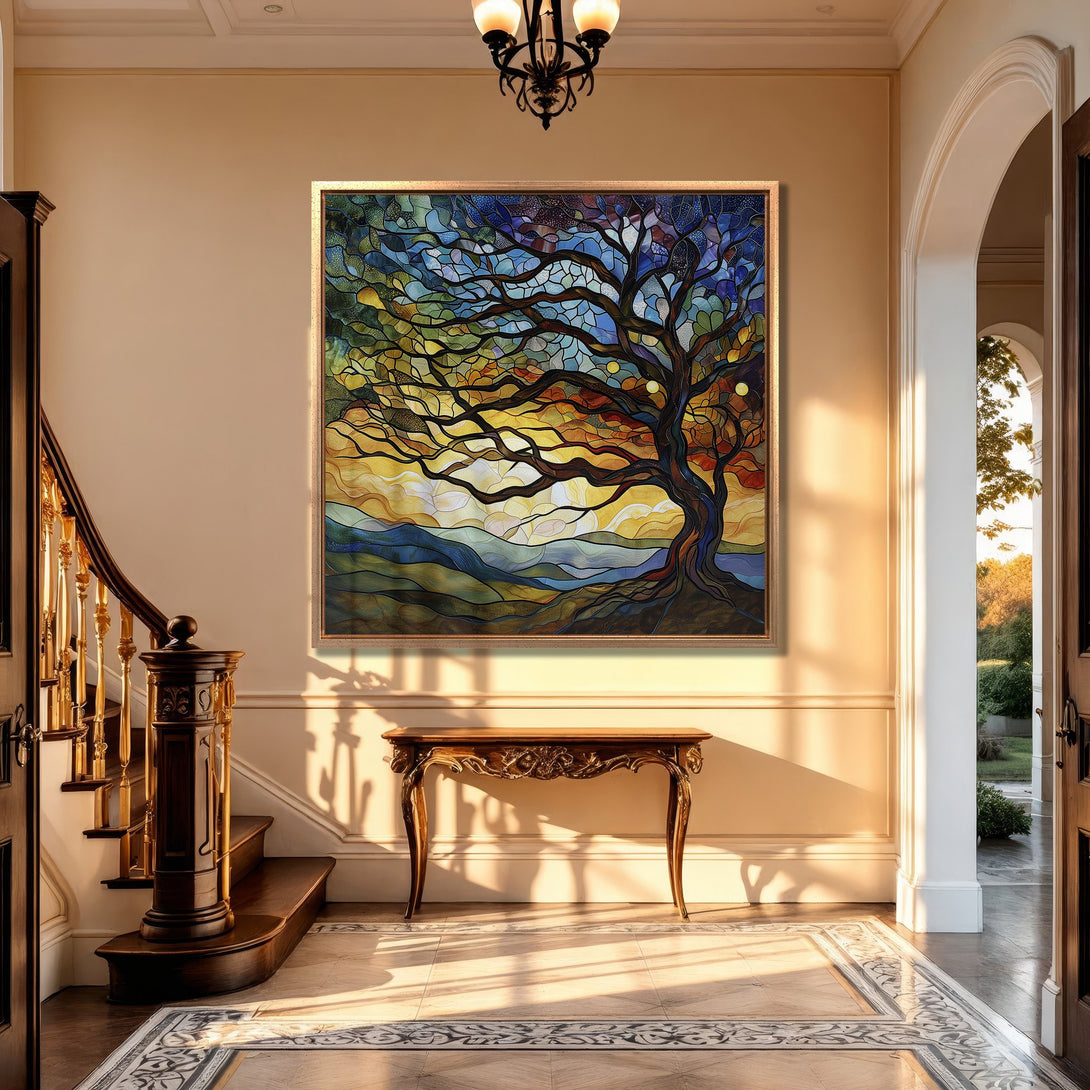 Framed Wall Art: Stained glass tree art with warm sunset colors. Adds elegance to any space. Perfect for living rooms & hallways. Shop now!