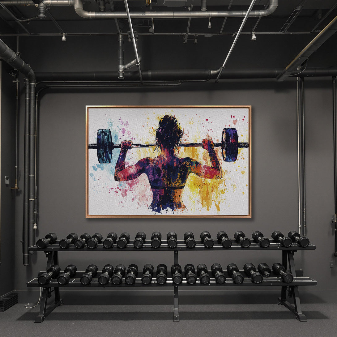 Framed Wall Art: Watercolor painting of a woman lifting weights in a gym. Vibrant, colorful artwork with a modern, artistic style. Perfect for home gyms!
