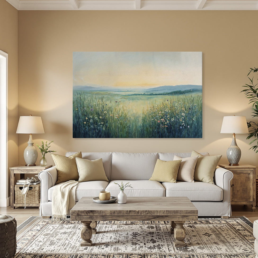 Framed Wall Art: Landscape painting with a serene meadow scene in soft blues, greens, and yellows. Perfect for adding a touch of nature to your home.
