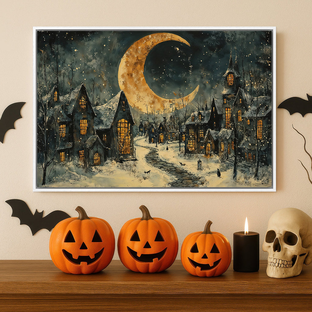 Framed Wall Art: Spooky Halloween village scene with a full moon, in a dark blue and gold color palette. Perfect for Halloween decor!