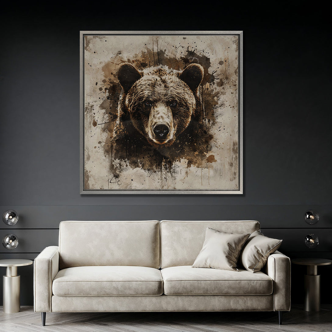 Framed Wall Art featuring a grizzly bear portrait in a modern, abstract style. Earthy brown and beige color palette. Perfect for living room decor.