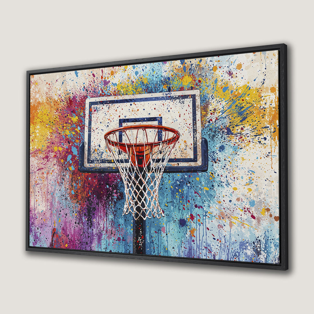 Framed Wall Art: Abstract basketball hoop art with vibrant, colorful paint splatter design. Perfect for sports fans!