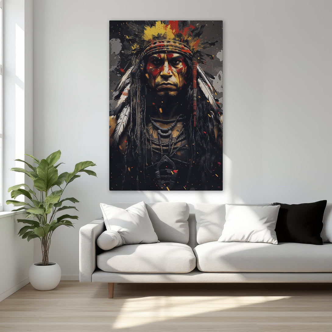 Framed Wall Art: Powerful Native American portrait in a modern style. Rich black, red, and gold color palette. Perfect for adding a bold statement to your space.